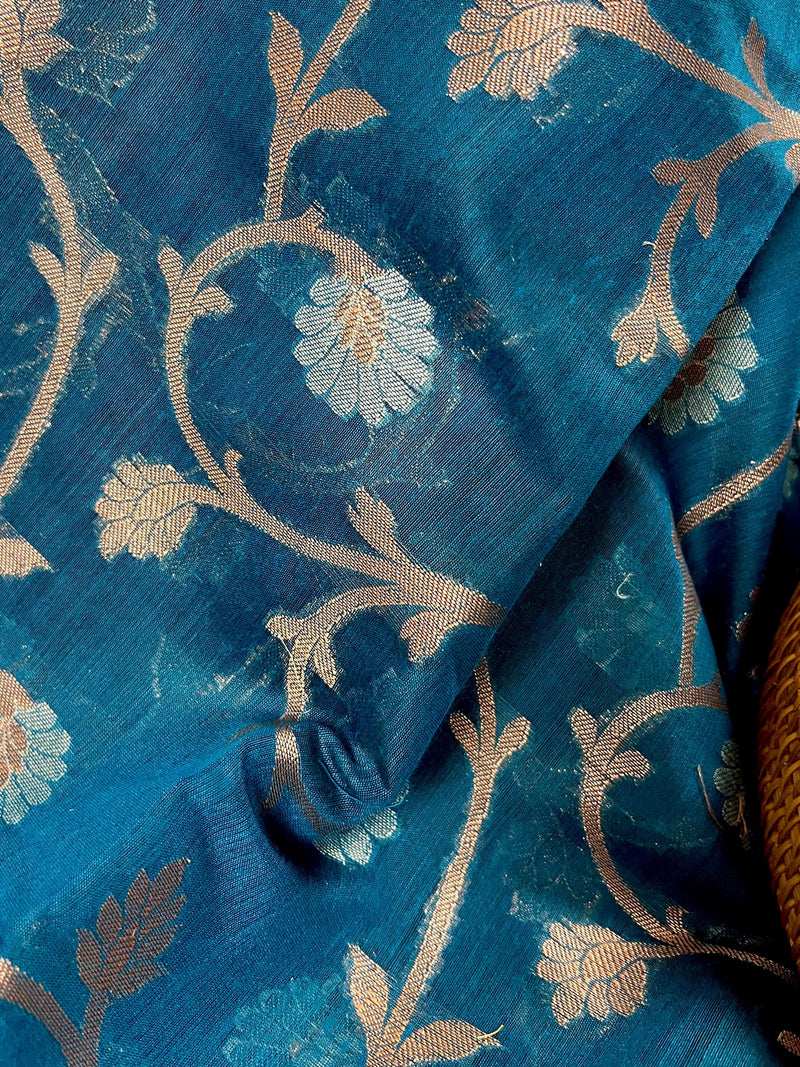 Teal Blue Semi Banarasi Silk Saree with Copper Zari | Floral Pattern Jaal in Copper and Sliver Zari | Silk Sarees