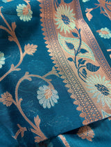 Teal Blue Semi Banarasi Silk Saree with Copper Zari | Floral Pattern Jaal in Copper and Sliver Zari | Silk Sarees