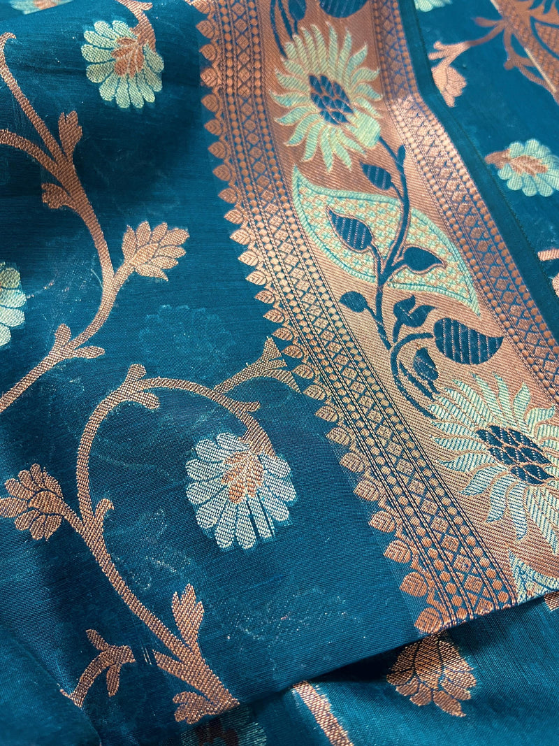 Teal Blue Semi Banarasi Silk Saree with Copper Zari | Floral Pattern Jaal in Copper and Sliver Zari | Silk Sarees