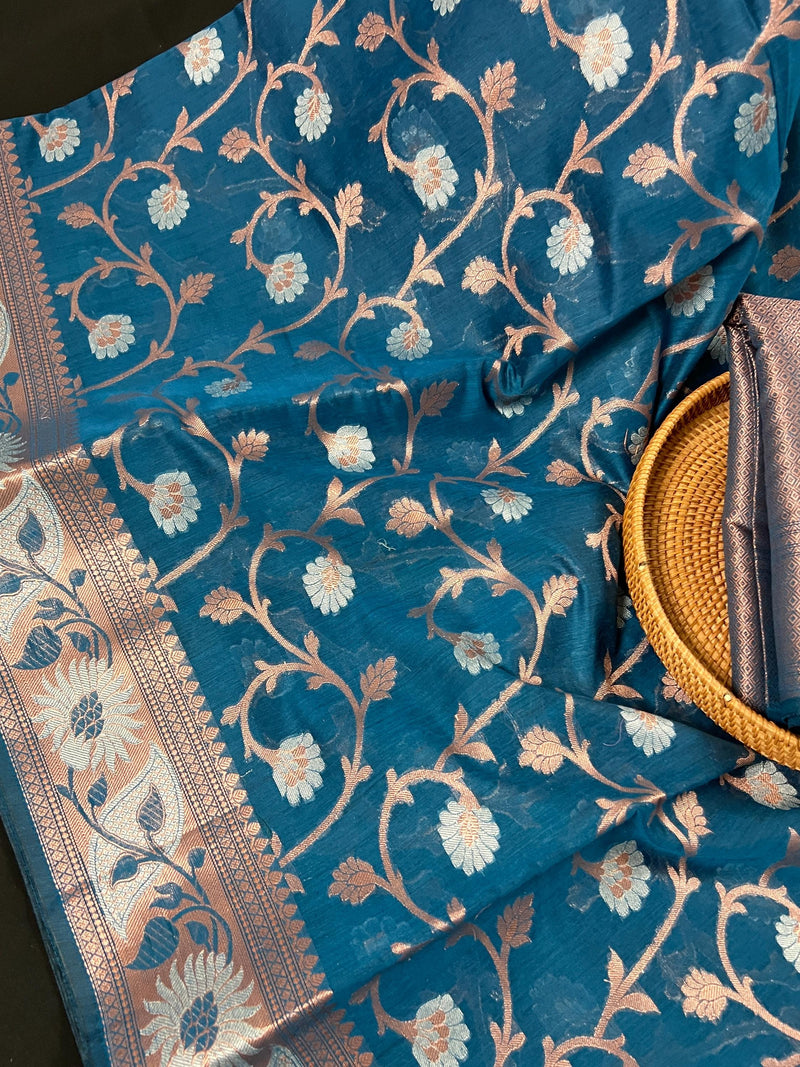 Teal Blue Semi Banarasi Silk Saree with Copper Zari | Floral Pattern Jaal in Copper and Sliver Zari | Silk Sarees