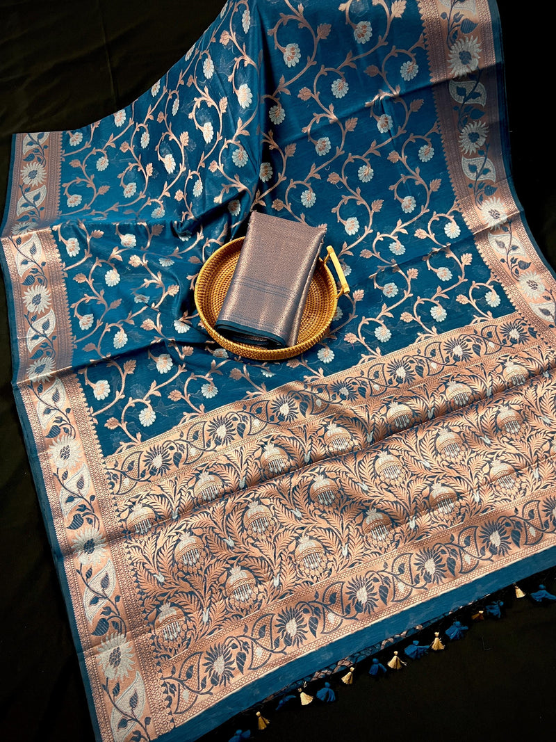 Teal Blue Semi Banarasi Silk Saree with Copper Zari | Floral Pattern Jaal in Copper and Sliver Zari | Silk Sarees