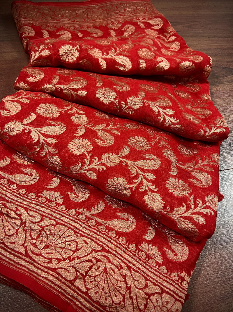 Pure Khaddi Georgette Banarasi Silk Saree in Red Color with Antique Copper Zari Weave - SILK MARK CERTIFIED