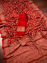 Pure Khaddi Georgette Banarasi Silk Saree in Red Color with Antique Copper Zari Weave - SILK MARK CERTIFIED