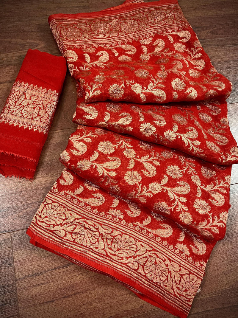 Pure Khaddi Georgette Banarasi Silk Saree in Red Color with Antique Copper Zari Weave - SILK MARK CERTIFIED