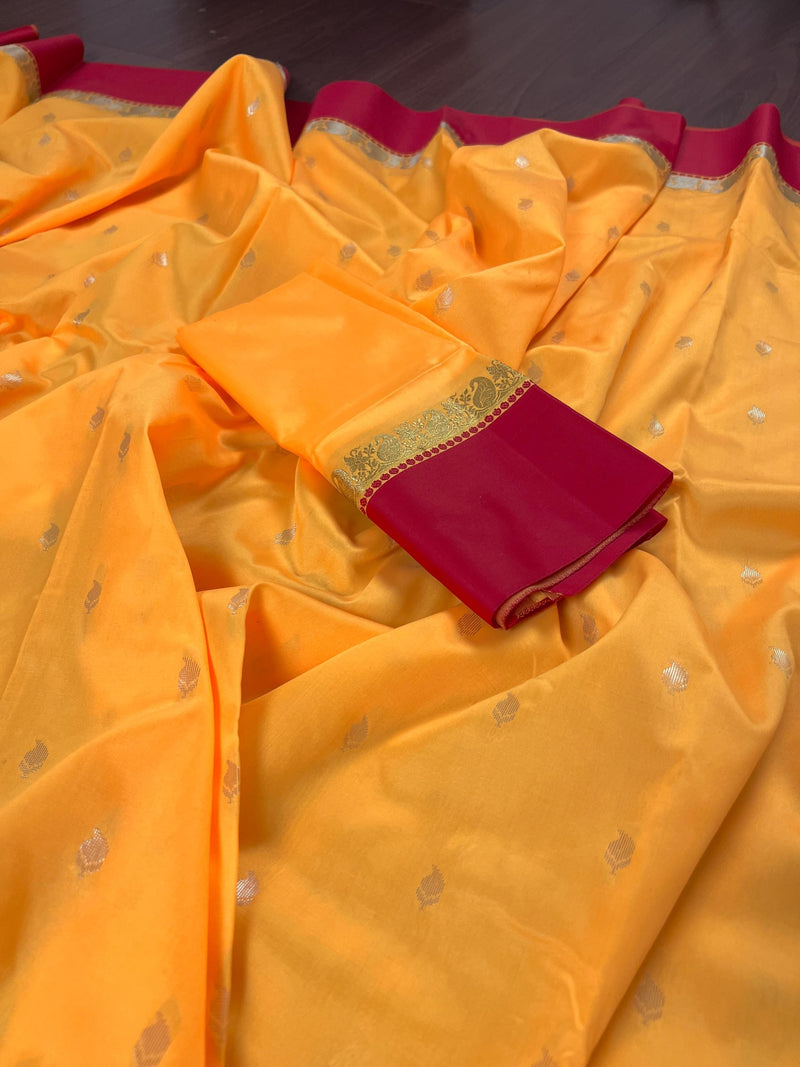 Statement Designer Yellow with Red border and Pallu Saree | Banarasi Silk Saree | Soft Silk Saree | Festival Indian Wear