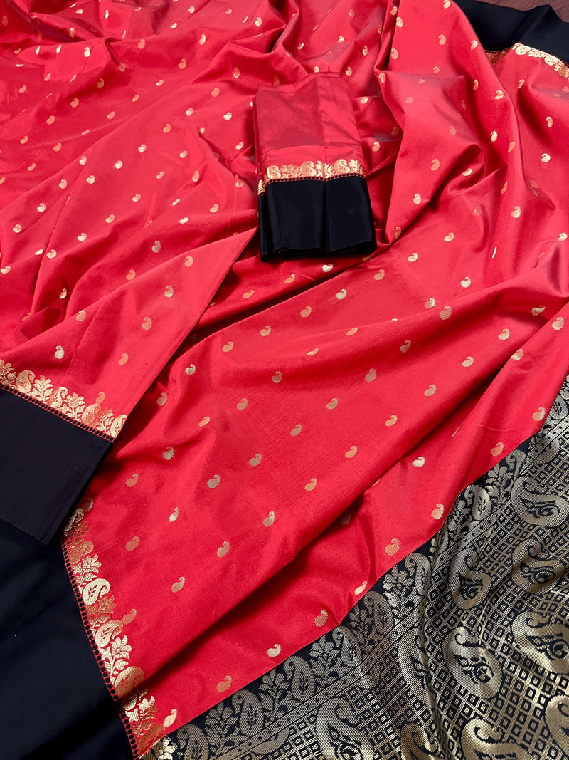 Statement Designer Red with Black border and Pallu Saree | Banarasi Silk Saree | Soft Silk Saree