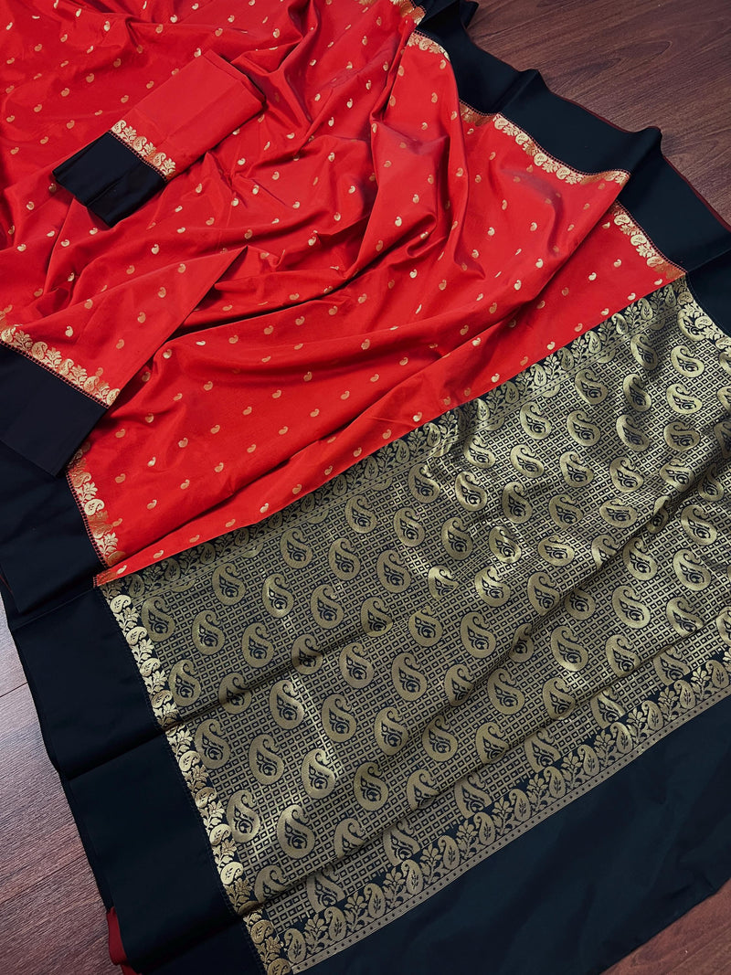 Statement Designer Red with Black border and Pallu Saree | Banarasi Silk Saree | Soft Silk Saree