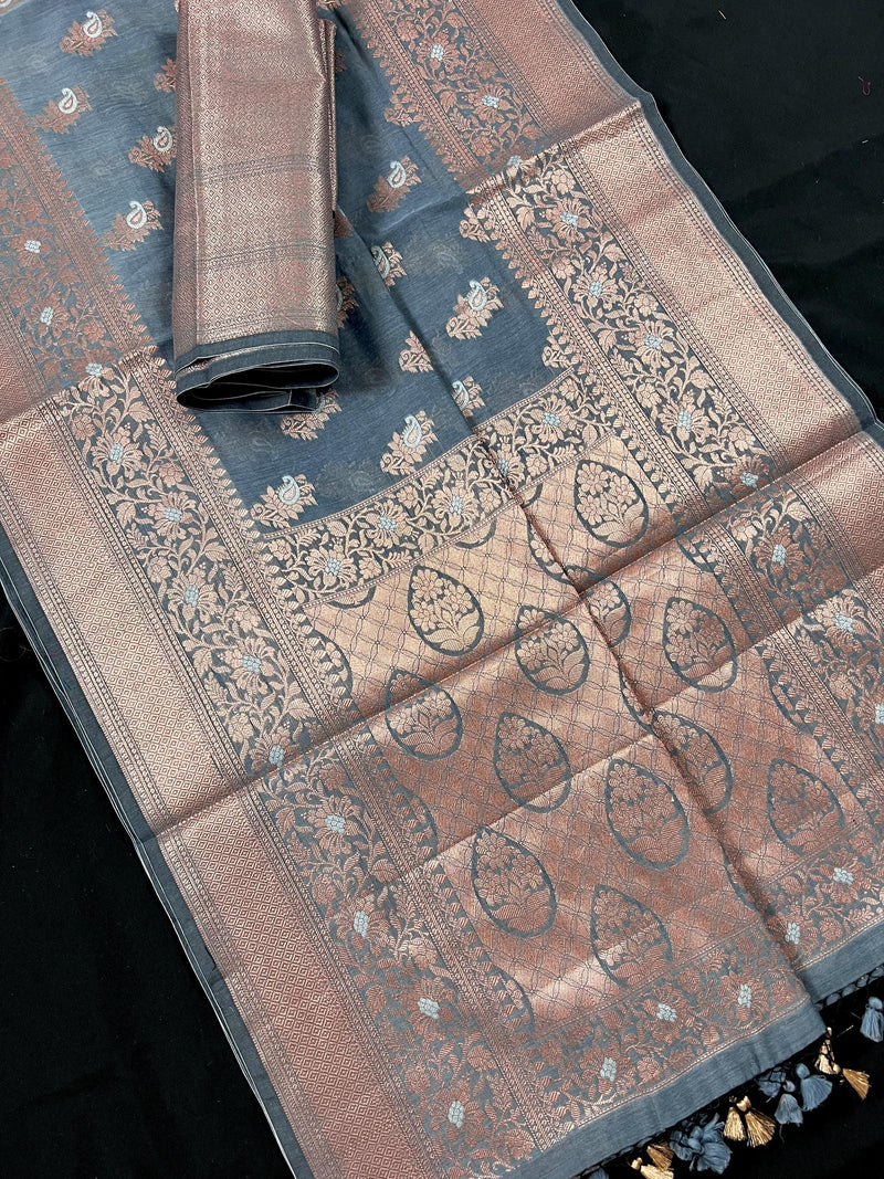 Light Grey Semi Banarasi Silk Saree with Copper Zari - Floral Pattern in Copper and Sliver Zari