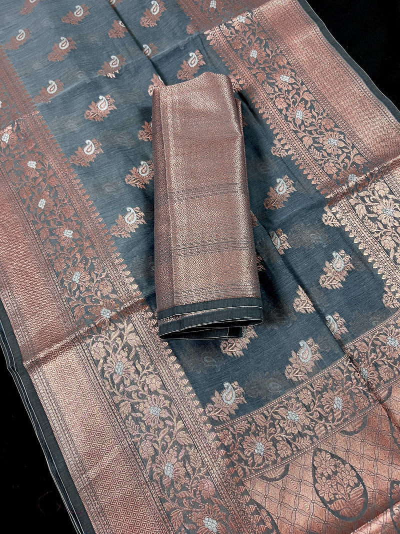 Light Grey Semi Banarasi Silk Saree with Copper Zari - Floral Pattern in Copper and Sliver Zari