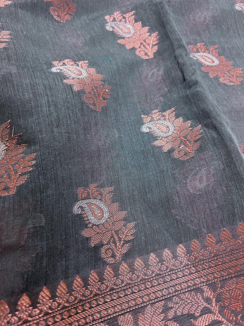 Light Grey Semi Banarasi Silk Saree with Copper Zari - Floral Pattern in Copper and Sliver Zari