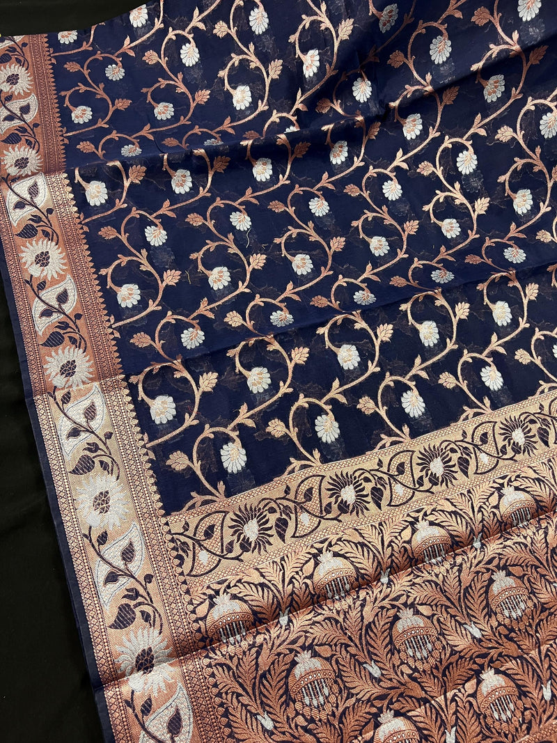 Navy Blue Semi Banarasi Silk Saree with Copper Zari | Floral Pattern Jaal in Copper and Sliver Zari | Silk Sarees