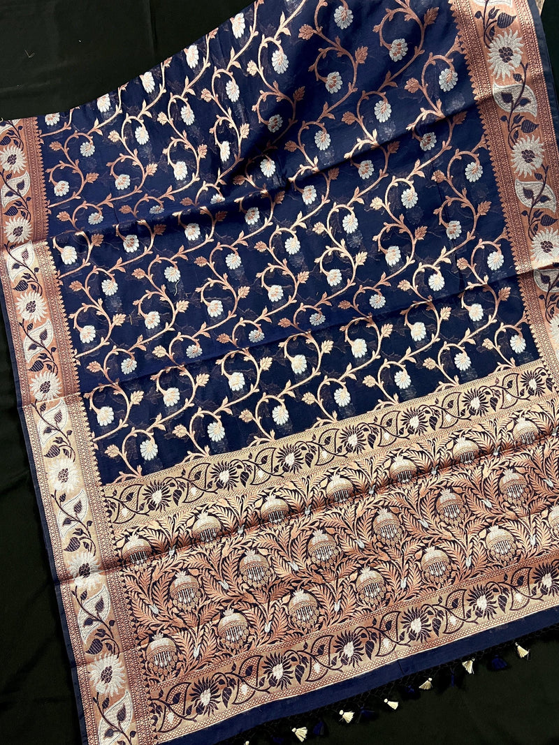 Navy Blue Semi Banarasi Silk Saree with Copper Zari | Floral Pattern Jaal in Copper and Sliver Zari | Silk Sarees