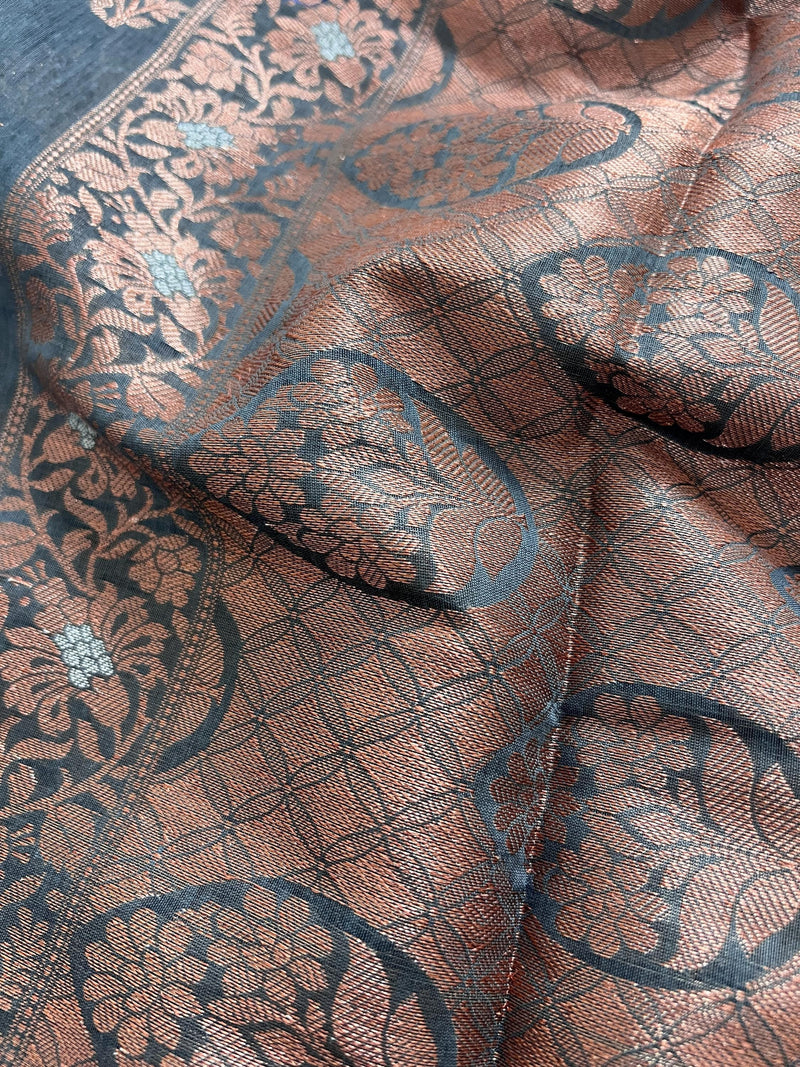 Light Grey Semi Banarasi Silk Saree with Copper Zari - Floral Pattern in Copper and Sliver Zari