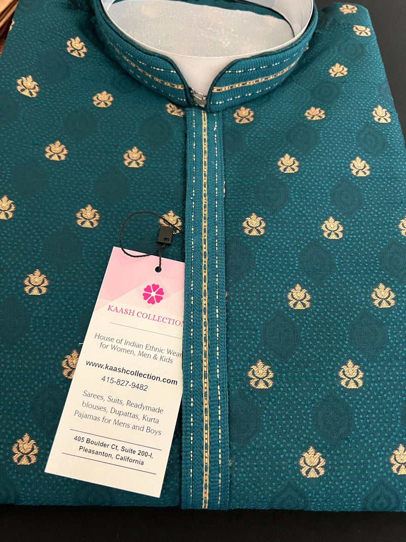 Teal Green Color Men Kurta Set - Embossed Embroidery and Zari Butti - Sherwani Style Kurta - Indian Wedding Kurta - Indian Outfit for Men