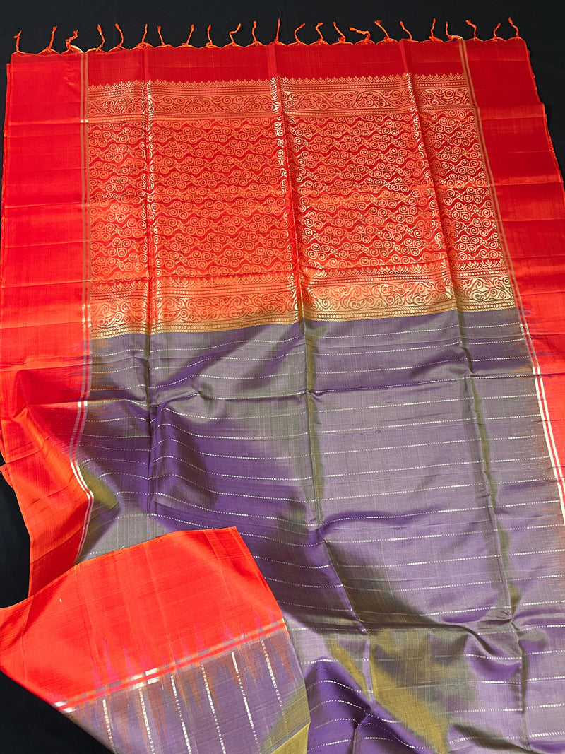 Purple with Yellow hue Pure Kanjivaram Soft Silk Handloom Saree with Orange Pallu and Blouse | Muted Zari Work | SILK MARK CERTIFIED