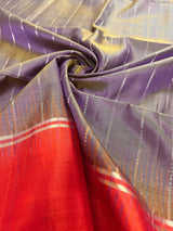 Purple with Yellow hue Pure Kanjivaram Soft Silk Handloom Saree with Orange Pallu and Blouse | Muted Zari Work | SILK MARK CERTIFIED