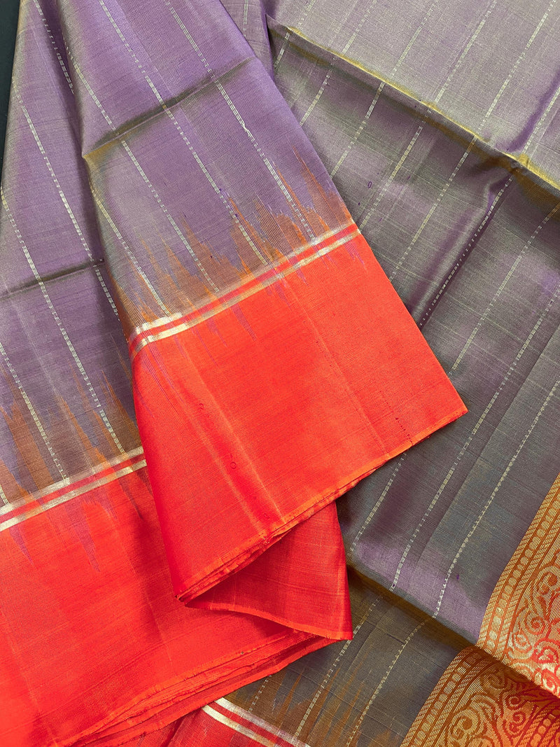 Purple with Yellow hue Pure Kanjivaram Soft Silk Handloom Saree with Orange Pallu and Blouse | Muted Zari Work | SILK MARK CERTIFIED