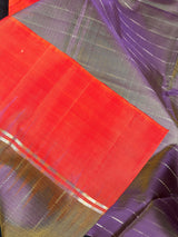 Purple with Yellow hue Pure Kanjivaram Soft Silk Handloom Saree with Orange Pallu and Blouse | Muted Zari Work | SILK MARK CERTIFIED