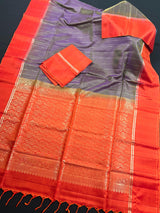 Purple with Yellow hue Pure Kanjivaram Soft Silk Handloom Saree with Orange Pallu and Blouse | Muted Zari Work | SILK MARK CERTIFIED