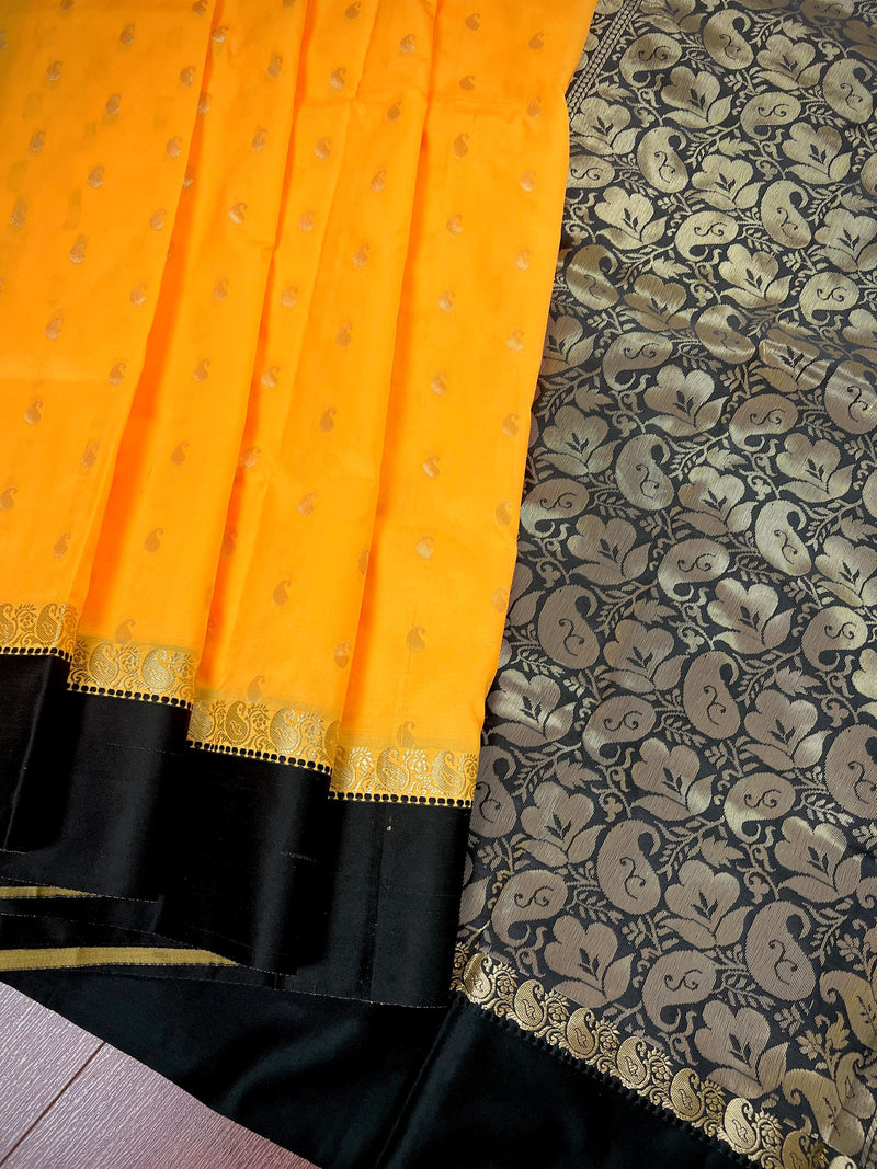 Statement Yellow Color Saree with Black border and Pallu Saree with Ambi Design | Banarasi Silk Saree | Soft Silk Saree