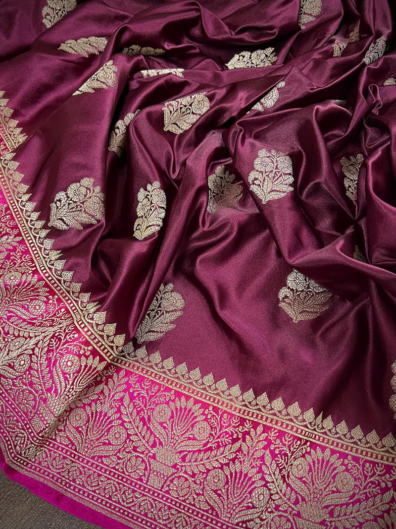 Semi Pure Wine and Hot Pink Color Soft Mashru Silk handloom Saree with Muted Gold Zari Weave | Banarasi Mashru Silk Saree