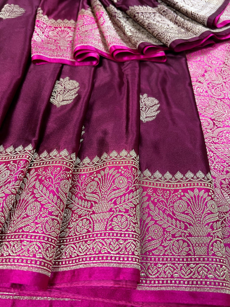 Semi Pure Wine and Hot Pink Color Soft Mashru Silk handloom Saree with Muted Gold Zari Weave | Banarasi Mashru Silk Saree