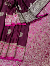 Semi Pure Wine and Hot Pink Color Soft Mashru Silk handloom Saree with Muted Gold Zari Weave | Banarasi Mashru Silk Saree