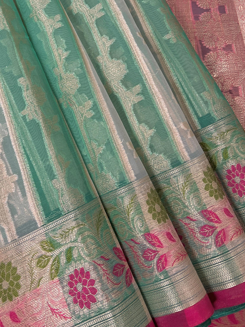 Handmade Pastel Sea Green Color Organza Silk Saree Saree with Muted Gold Zari with Floral Border | Banarasi Light Weight Soft Saree