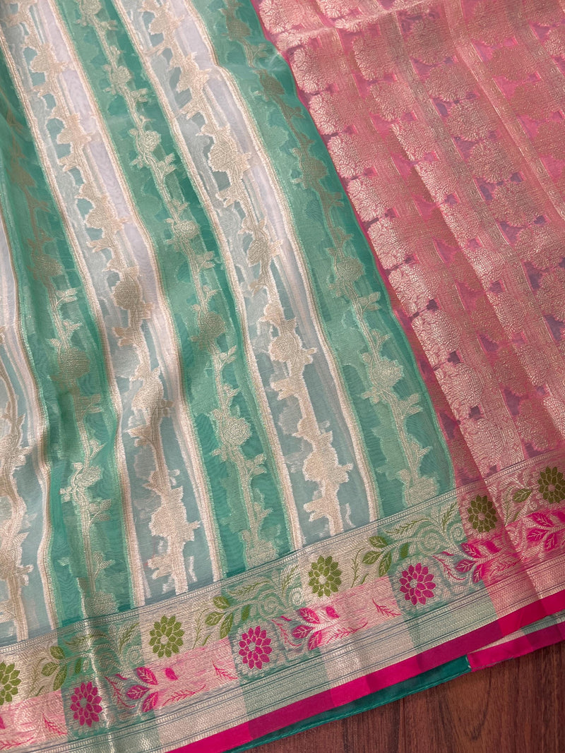 Handmade Pastel Sea Green Color Organza Silk Saree Saree with Muted Gold Zari with Floral Border | Banarasi Light Weight Soft Saree