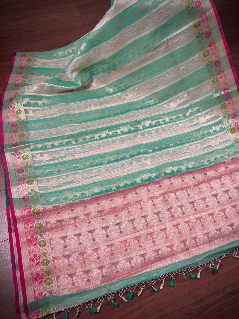 Handmade Pastel Sea Green Color Organza Silk Saree Saree with Muted Gold Zari with Floral Border | Banarasi Light Weight Soft Saree