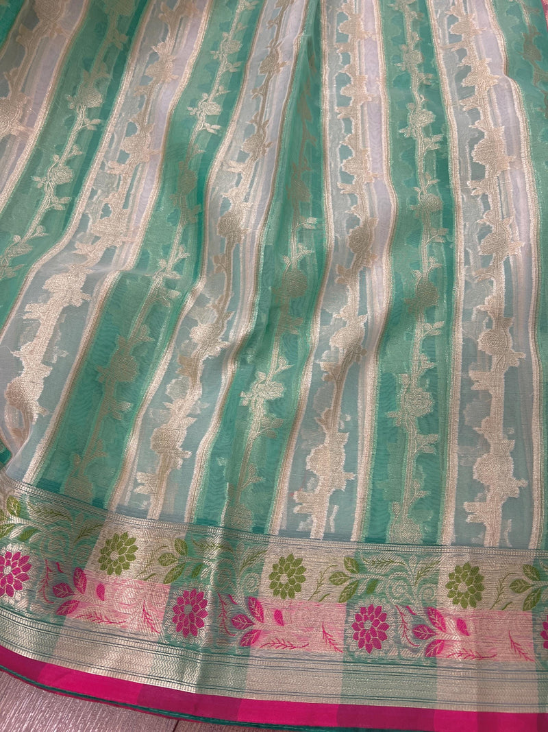 Handmade Pastel Sea Green Color Organza Silk Saree Saree with Muted Gold Zari with Floral Border | Banarasi Light Weight Soft Saree