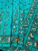 Turquoise Color Bangalori Silk Saree with Hand Kantha Stitch | Handwoven Kantha Stitch Sarees | Kantha Saress | Silk Sarees