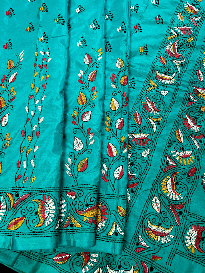 Turquoise Color Bangalori Silk Saree with Hand Kantha Stitch | Handwoven Kantha Stitch Sarees | Kantha Saress | Silk Sarees