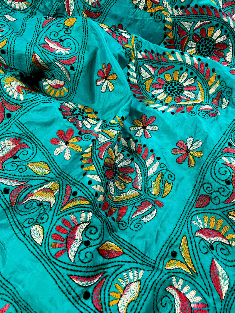 Turquoise Color Bangalori Silk Saree with Hand Kantha Stitch | Handwoven Kantha Stitch Sarees | Kantha Saress | Silk Sarees