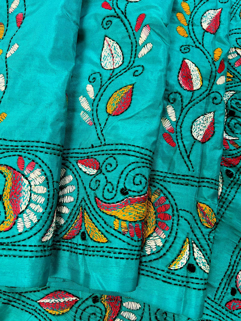 Turquoise Color Bangalori Silk Saree with Hand Kantha Stitch | Handwoven Kantha Stitch Sarees | Kantha Saress | Silk Sarees