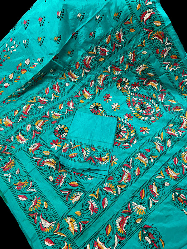 Turquoise Color Bangalori Silk Saree with Hand Kantha Stitch | Handwoven Kantha Stitch Sarees | Kantha Saress | Silk Sarees