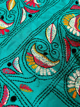 Turquoise Color Bangalori Silk Saree with Hand Kantha Stitch | Handwoven Kantha Stitch Sarees | Kantha Saress | Silk Sarees