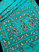 Turquoise Color Bangalori Silk Saree with Hand Kantha Stitch | Handwoven Kantha Stitch Sarees | Kantha Saress | Silk Sarees