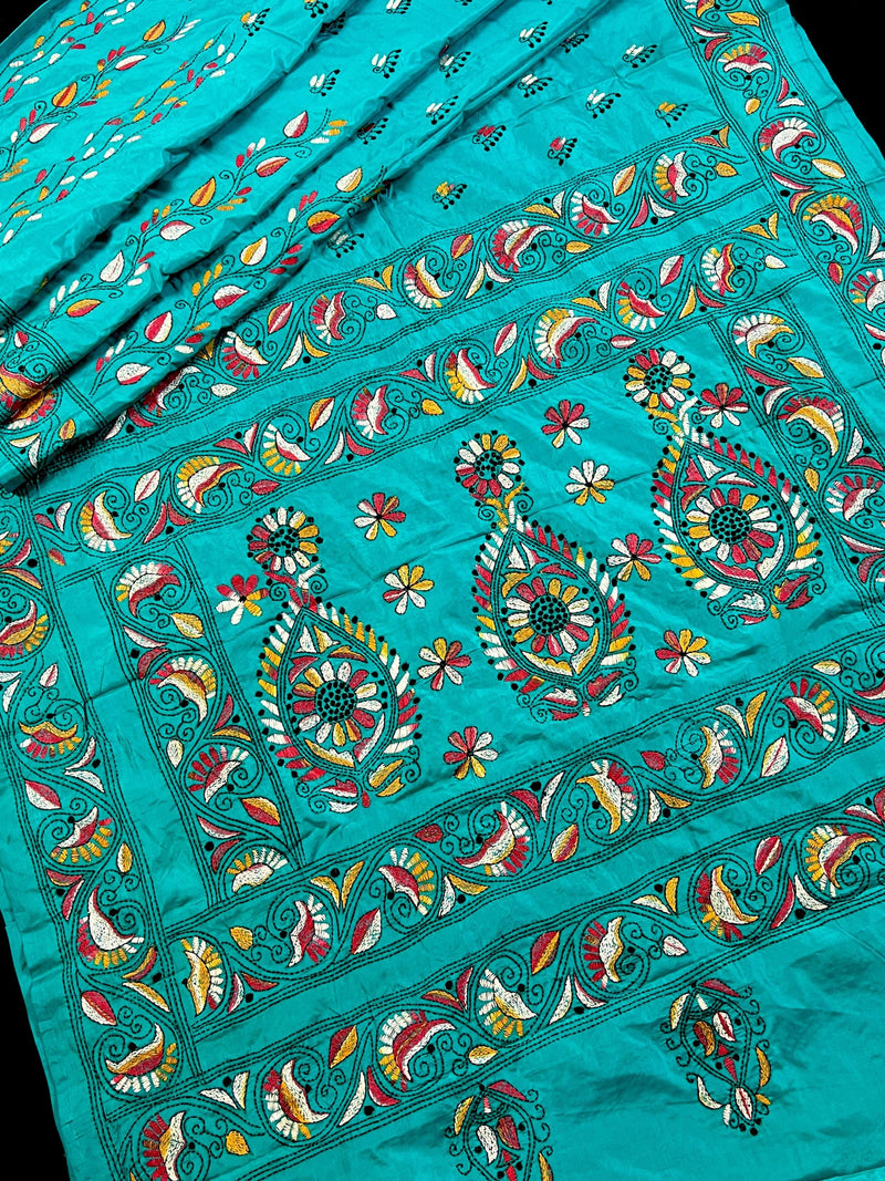 Turquoise Color Bangalori Silk Saree with Hand Kantha Stitch | Handwoven Kantha Stitch Sarees | Kantha Saress | Silk Sarees