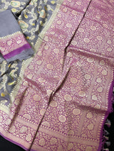 Grey and Mauve Pink Floral Jaal Pure Moonga Banarasi Silk Saree with Gold Muted Zari and Brush Paint