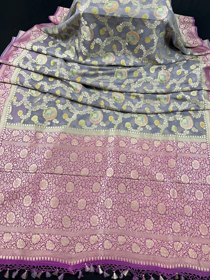 Grey and Mauve Pink Floral Jaal Pure Moonga Banarasi Silk Saree with Gold Muted Zari and Brush Paint