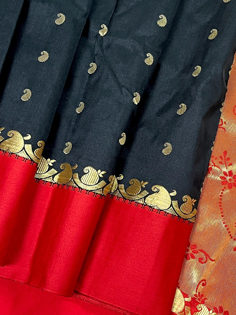 Statement Black Color Saree with Red Color Satin Patta border