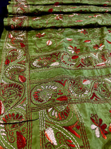 Mehndi Green Color Bangalori Silk Saree with Hand Kantha Stitch | Handwoven Kantha Stitch Sarees | Kantha Saress | Silk Sarees