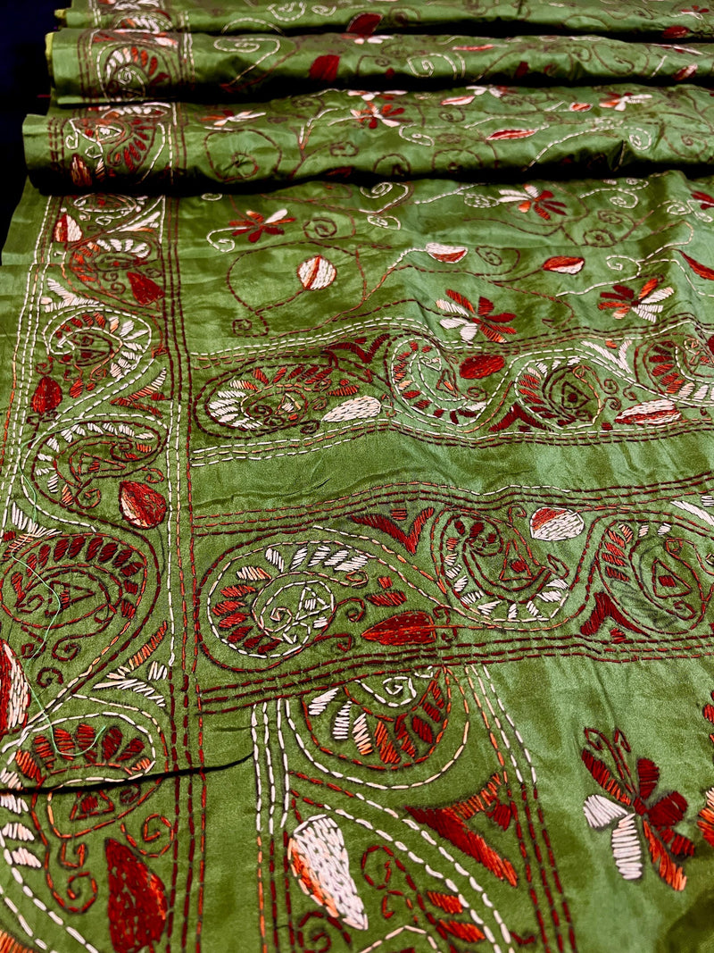 Mehndi Green Color Bangalori Silk Saree with Hand Kantha Stitch | Handwoven Kantha Stitch Sarees | Kantha Saress | Silk Sarees