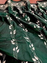 Bottle Green Color Bangalori Silk Saree with Hand Kantha Stitch | Handwoven Kantha Stitch Sarees | Kantha Saress | Bengal Sarees