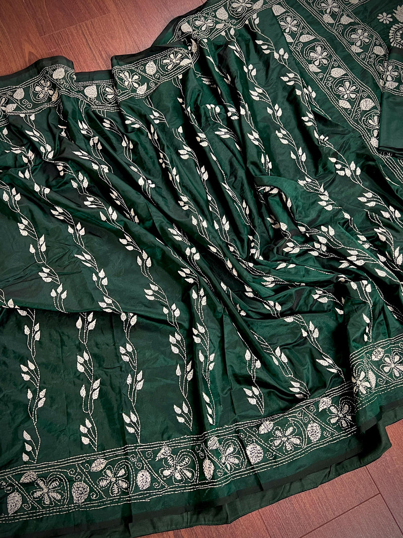 Bottle Green Color Bangalori Silk Saree with Hand Kantha Stitch | Handwoven Kantha Stitch Sarees | Kantha Saress | Bengal Sarees