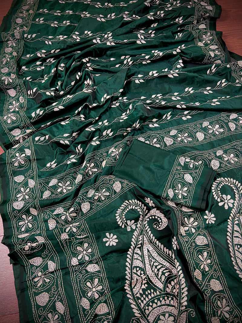 Bottle Green Color Bangalori Silk Saree with Hand Kantha Stitch | Handwoven Kantha Stitch Sarees | Kantha Saress | Bengal Sarees