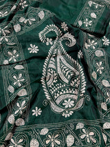 Bottle Green Color Bangalori Silk Saree with Hand Kantha Stitch | Handwoven Kantha Stitch Sarees | Kantha Saress | Bengal Sarees