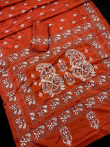 Orange Color Bangalori Silk Saree with Hand Kantha Stitch | Handwoven Kantha Stitch Sarees | Kantha Saress | Bengal Sarees