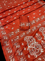 Orange Color Bangalori Silk Saree with Hand Kantha Stitch | Handwoven Kantha Stitch Sarees | Kantha Saress | Bengal Sarees